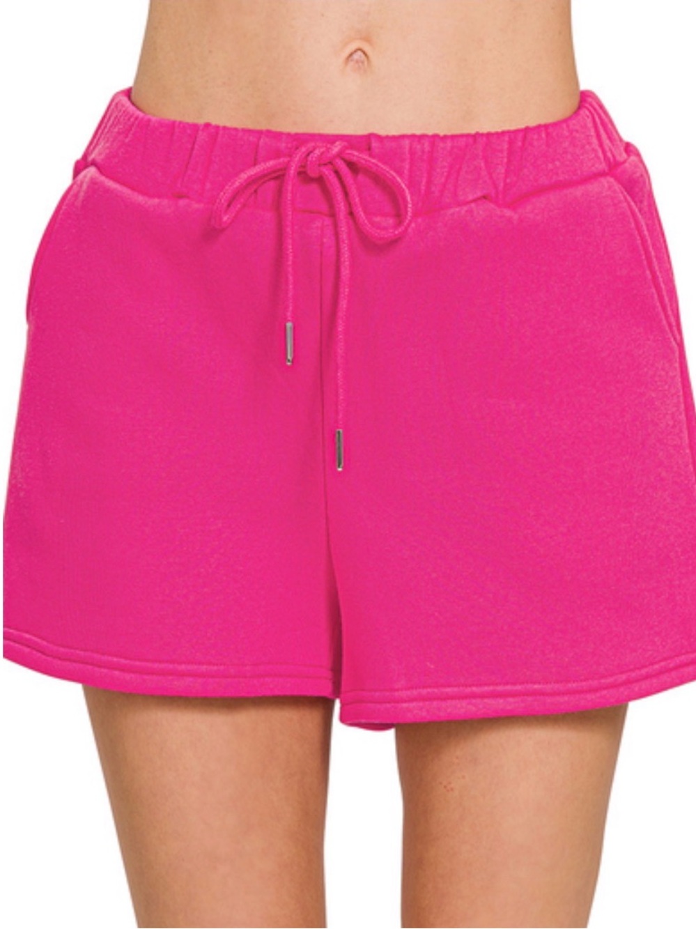 Zenana Hot Pink Fleece Drawstring Shorts with Pockets – S, M, L